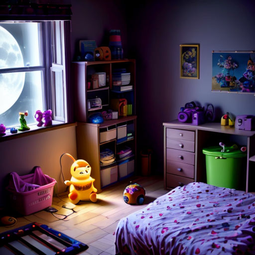 a bedroom with a bed, dresser, and a window with a moon in it and a toy car