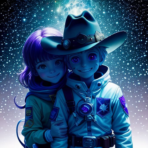 a couple of people that are standing in the grass with a sky background and stars in the background,
