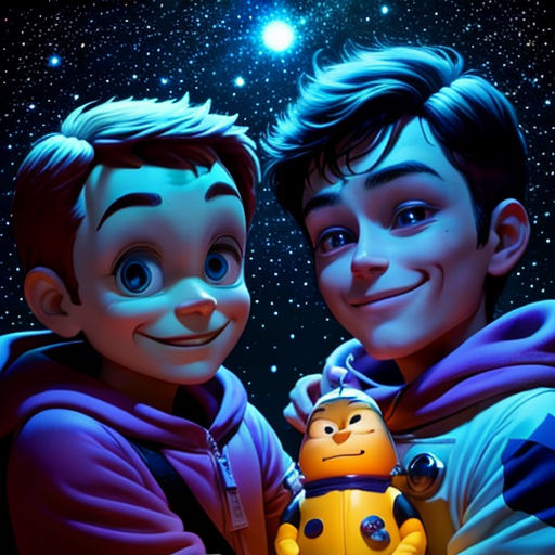 two boys are holding a small robot in front of a star filled sky with stars and a bright light
