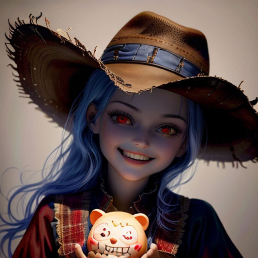 a woman with blue hair wearing a hat and holding a small toy in her hands and a cat in her hand