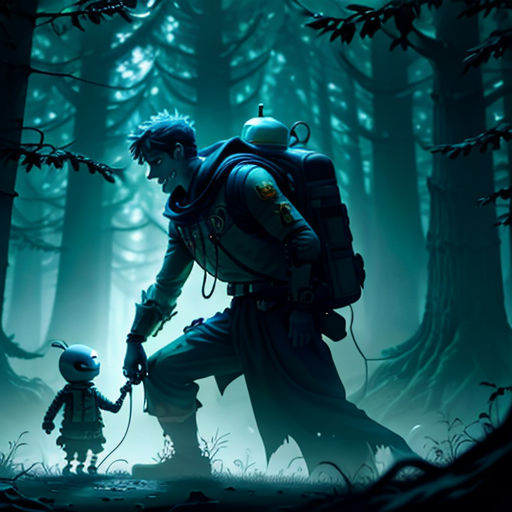 a man and a child in a forest with a light shining on them, holding hands and walking through the woods