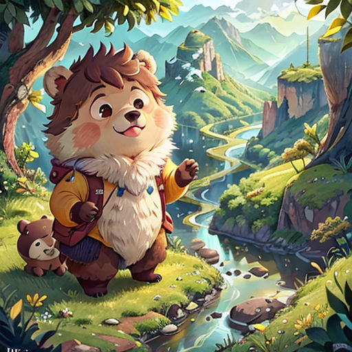 a cartoon bear with a backpack and a bear cub in a forest with a stream and mountains in the background