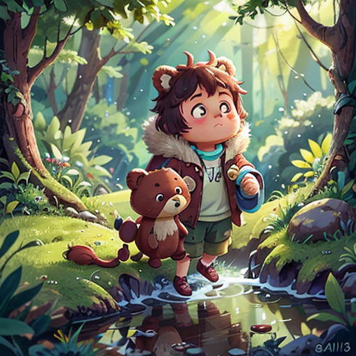 a boy holding a teddy bear in a forest with a stream of water and trees in the background, with a forest scene in the background