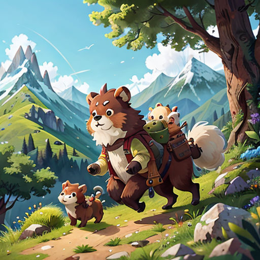 a cartoon of a fox and two other animals in a forest with mountains in the background and a sky with clouds