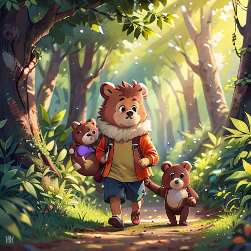 a person walking with two bears in a forest with trees and bushes behind them, and a bear holding a teddy bear