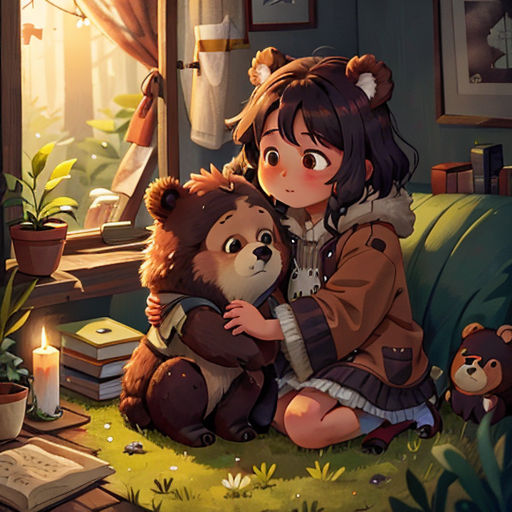 a girl sitting on a couch holding a teddy bear in a room with a window and a book on the floor