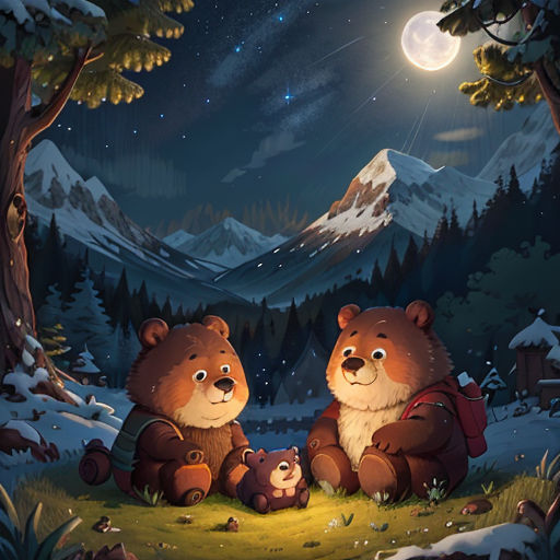 two bears sitting in the snow under a full moon and stars sky with a mountain in the background and a full moon in the sky