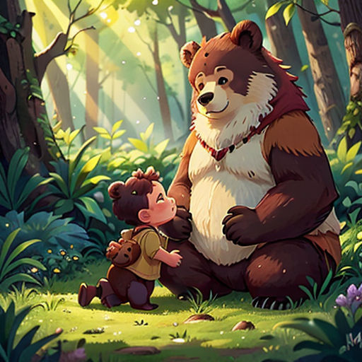 a bear and a baby bear in the woods with trees and grass and flowers around them, with a forest background