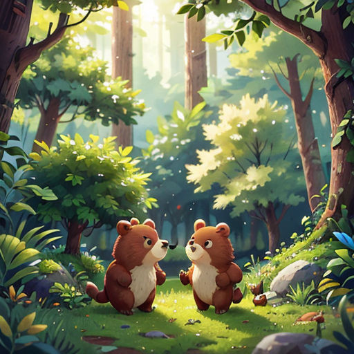 two bears in a forest with trees and rocks in the foreground, one bear is looking at the other bear