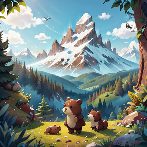 a bear and cub are in a mountain landscape with a mountain in the background and a bird flying over the mountain