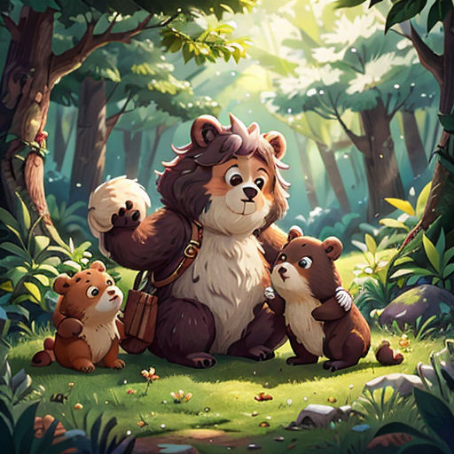 a group of bears sitting in the middle of a forest with trees and rocks on the ground, with a bear holding a bear's head