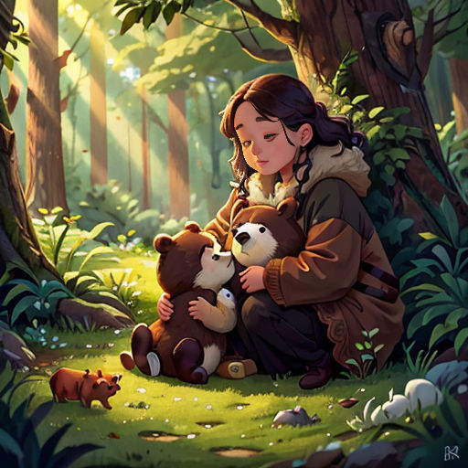 a girl sitting in the woods with a teddy bear and a dog in her lap, with a forest background