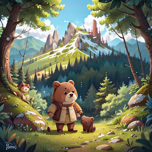 a bear and two cubs in a forest with mountains in the background and a sky background with clouds and sun