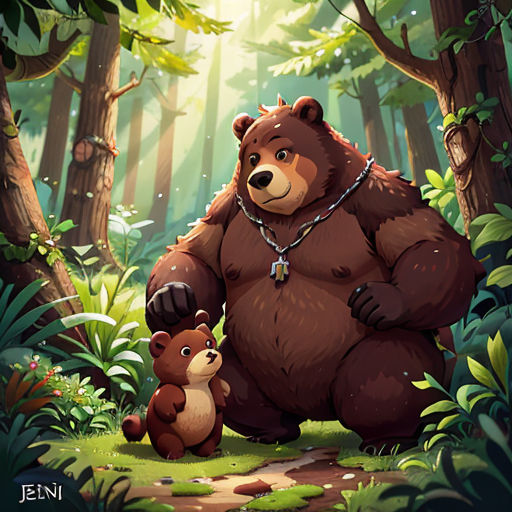 a bear and a bear cub in a forest with sunlight shining through the trees and leaves on the ground