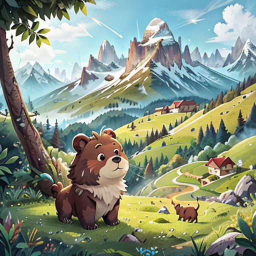 a bear in a mountain landscape with a forest and a house in the background, with mountains and houses in the foreground