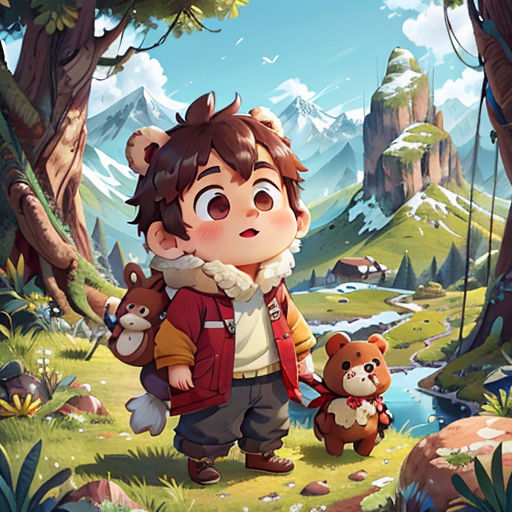 a boy with a backpack and a teddy bear in a forest with mountains in the background and a stream running through the forest