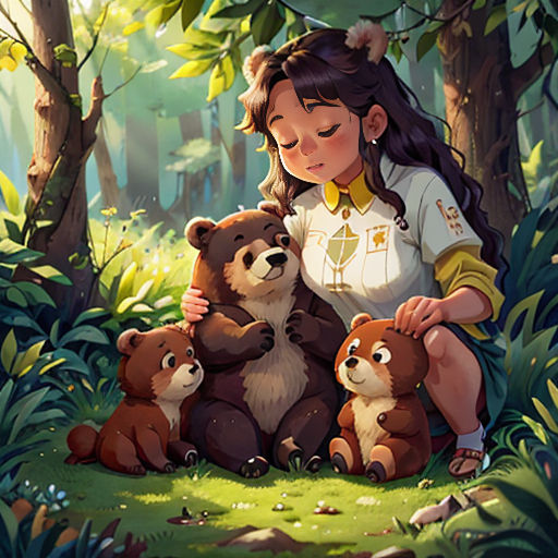 a girl sitting in the woods with her teddy bears and a bird on her shoulder, and a forest background