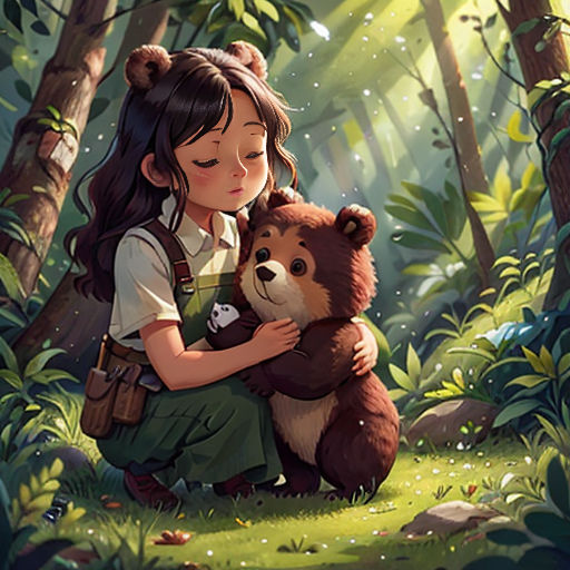 a girl holding a teddy bear in a forest with trees and grass around her, with a forest background