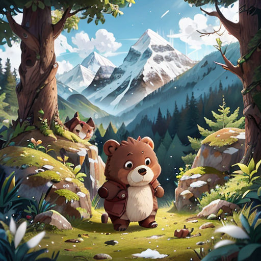a bear in the woods with a cat in the background and a mountain in the background with snow on the tops