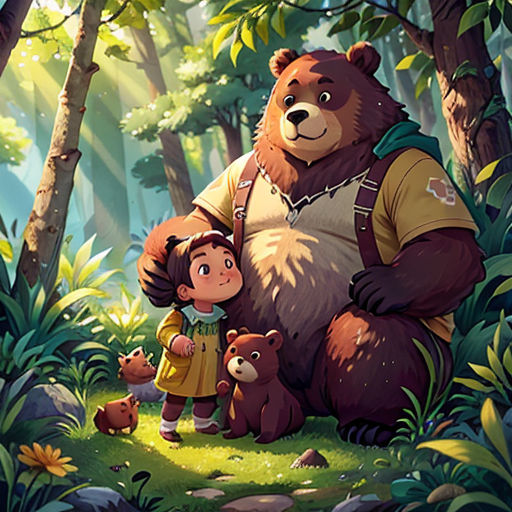 a bear and a girl in a forest with trees and flowers, with a bear holding a girl's hand