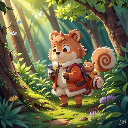 a cartoon squirrel with a backpack in the woods with a squirrel on his back and a squirrel on his shoulder