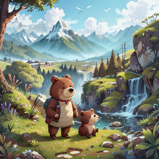 a bear and her cub are standing in the wilderness by a waterfall and a mountain stream with a waterfall