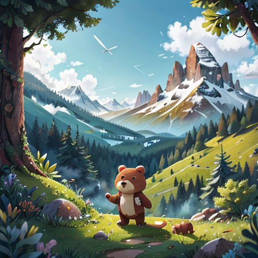 a bear is standing in a forest with mountains in the background and a stream running through it, with a sky background