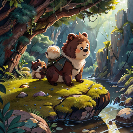 a bear and her cub are sitting on a rock in the woods by a stream of water and rocks
