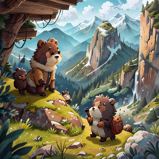 a bear and a bear cub sitting on a mountain cliff with a mountain background and a forest below them