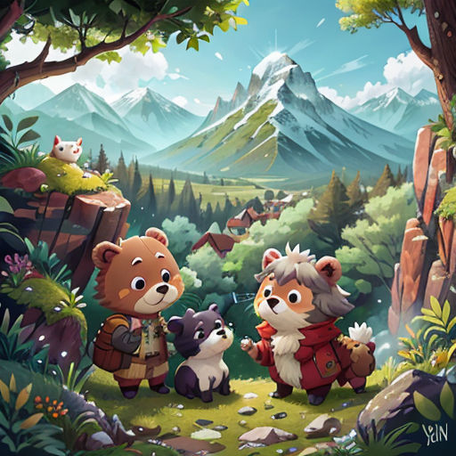 a painting of two bears in a forest with mountains in the background and a forest scene with a mountain range in the background