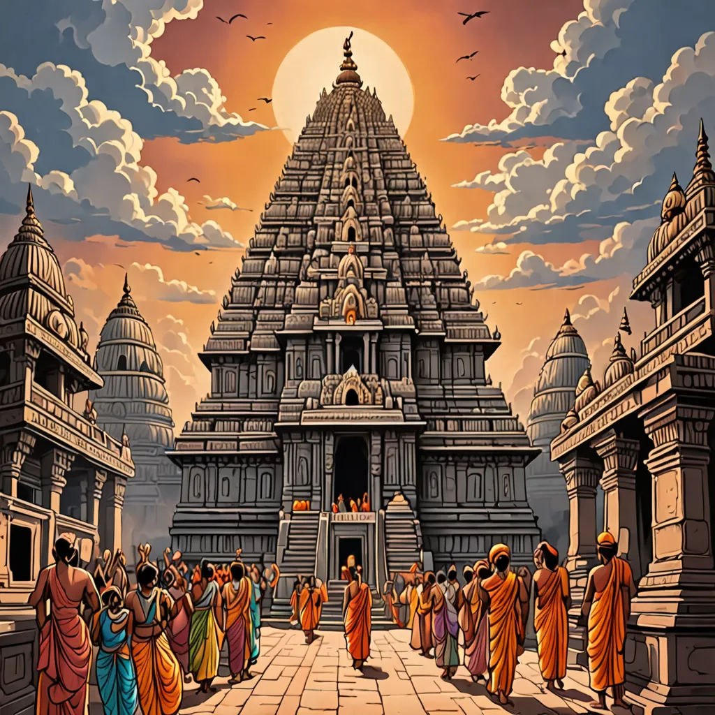 a painting of a temple with many people standing around it and a sun setting in the background with clouds, samikshavad, a detailed matte painting, Christophe Vacher, highly detailed digital art