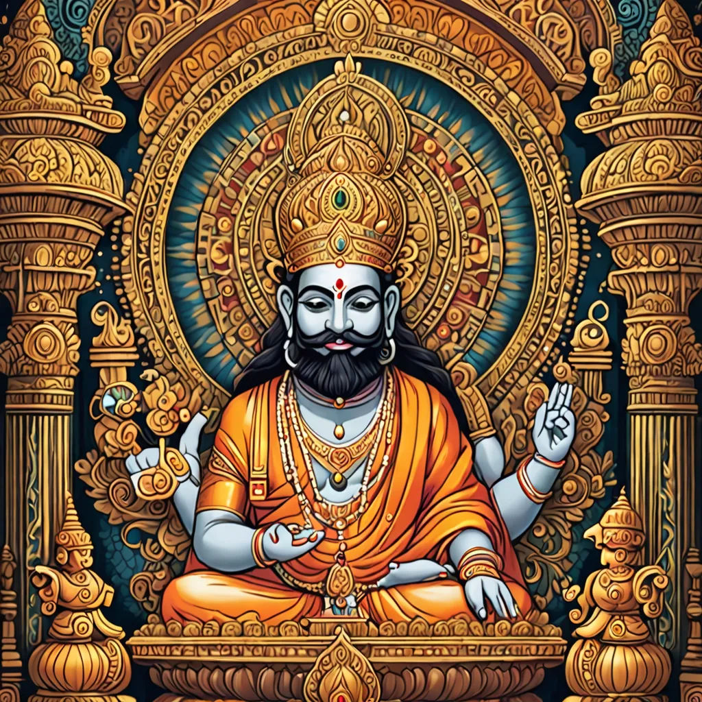 a painting of a man sitting on a throne with a beard and a mustache on his head, with a gold crown on his head, samikshavad, a detailed drawing, Bholekar Srihari, jayison devadas