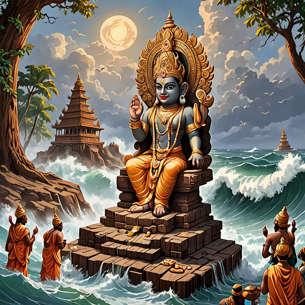 a painting of a god sitting on a rock in the ocean with other people around him and a full moon in the sky, samikshavad, a statue, Anthony Devas, highly detailed digital painting