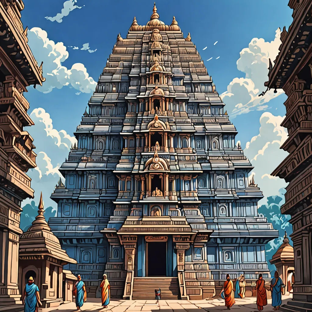 a painting of a temple with people walking around it and a sky background with clouds in the background and a blue sky, fantasy art, a detailed matte painting, Christophe Vacher, highly detailed digital painting