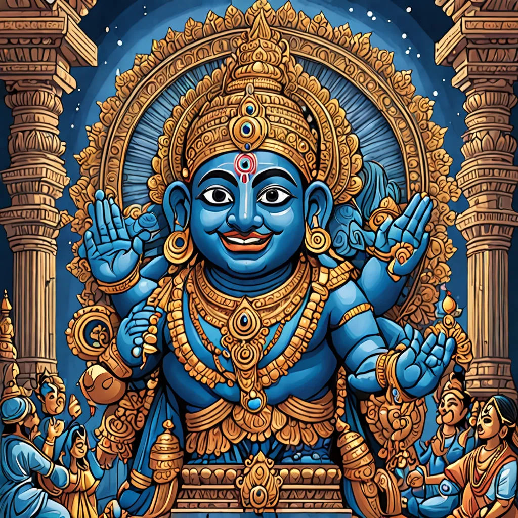 a painting of a blue god with his hands in the air and other figures around him, in a blue background, samikshavad, an illustration of, Ella Guru, jayison devadas