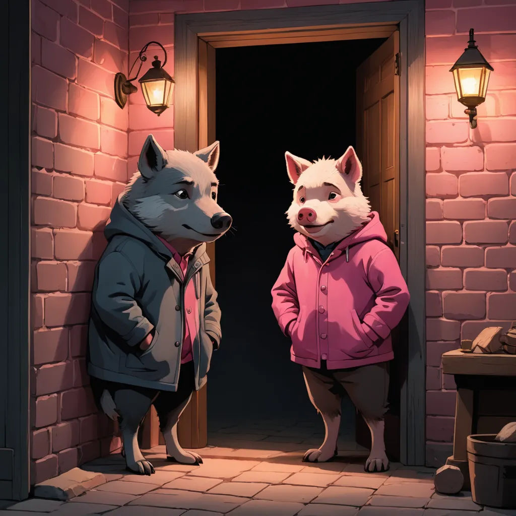 a couple of animals standing next to each other in front of a doorway with a light on it's side, furry art, concept art, Diego Gisbert Llorens, official art