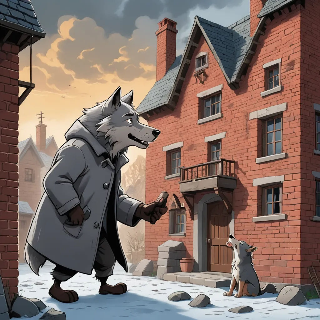 a wolf in a coat and a dog in a snowy yard with a house in the background and a dog in the foreground, furry art, a storybook illustration, Cedric Seaut (Keos Masons), storybook illustration