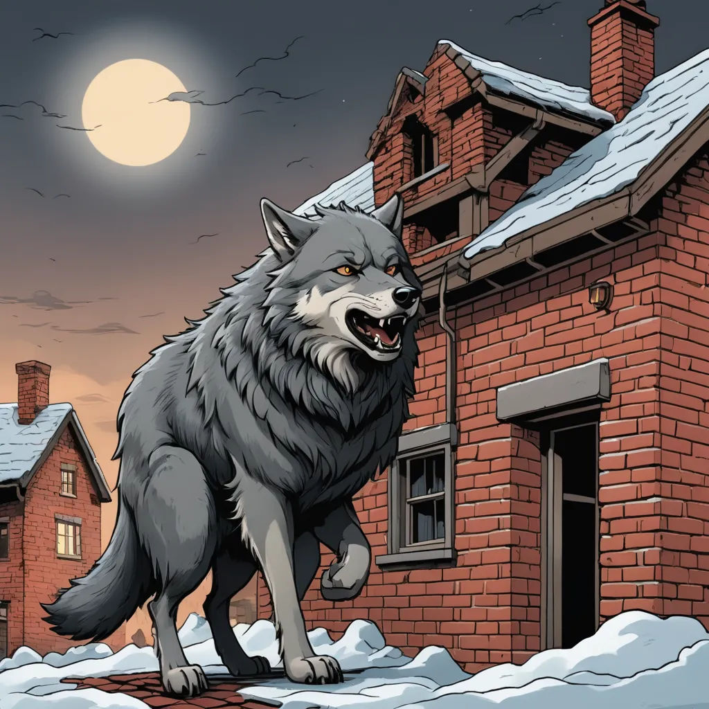 a wolf standing on a roof in front of a house with a full moon in the background and a snowy roof, gothic art, a storybook illustration, Dan Mumford, storybook illustration