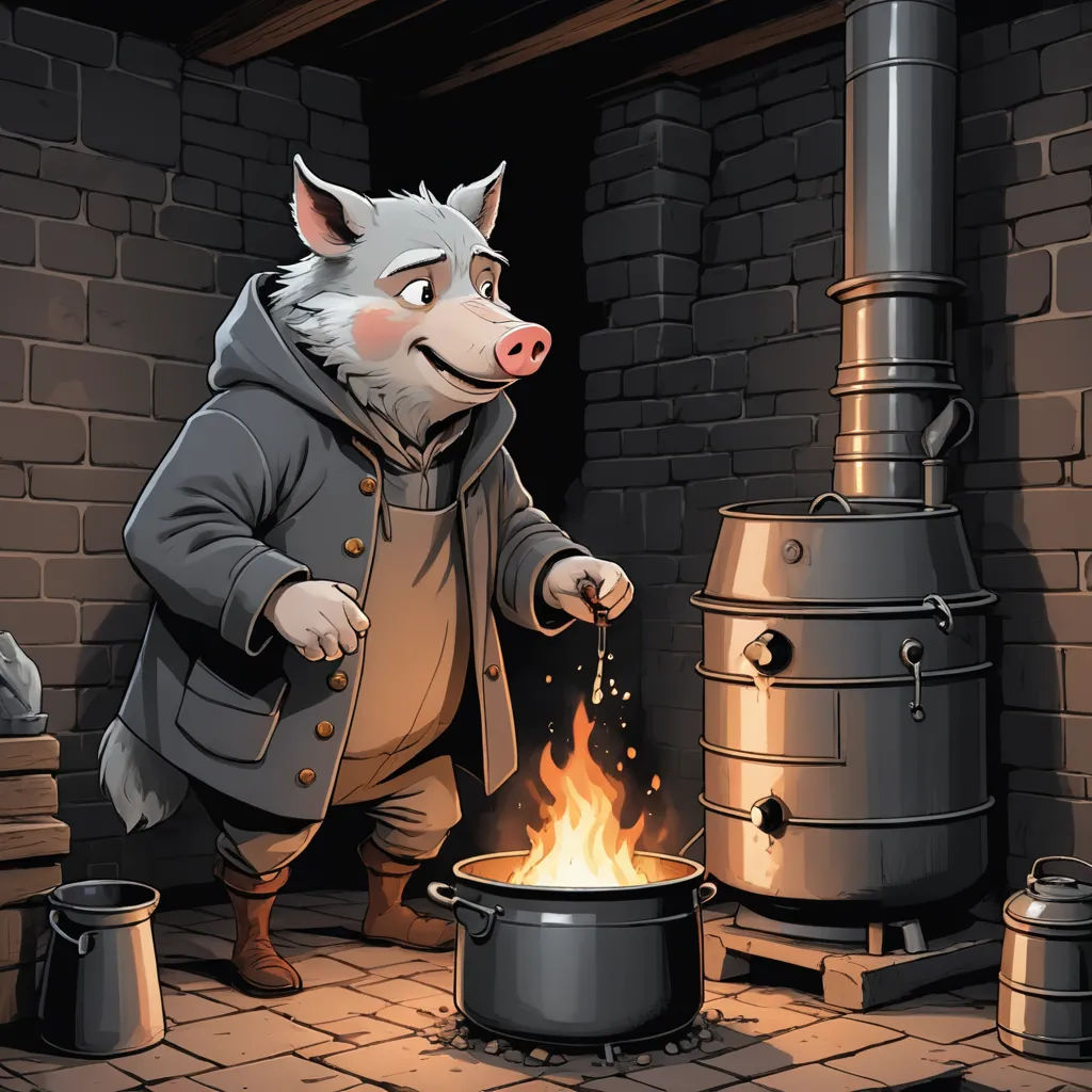 a cartoon of a pig cooking in a pot on a stove top with a fire in it's mouth, sots art, a storybook illustration, David Teniers III, storybook illustration