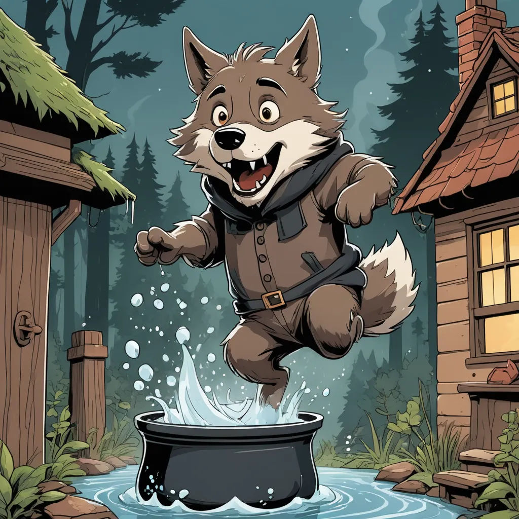 a cartoon wolf jumping into a pot of water in a forest with a cabin in the background and a pond, furry art, a storybook illustration, Cliff Childs, storybook illustration
