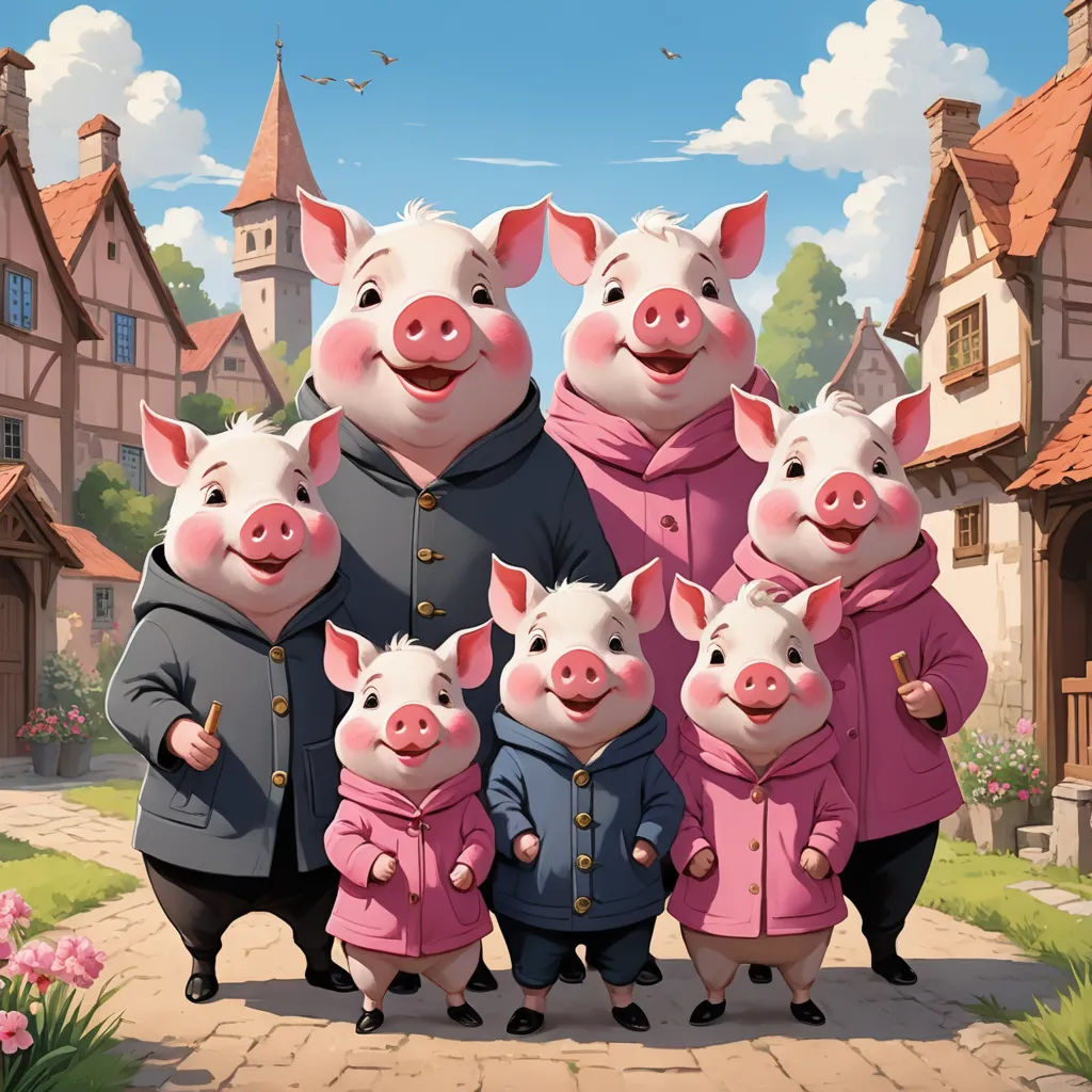 a group of pigs standing next to each other in front of a castle like building with a clock tower, sots art, a storybook illustration, Chris LaBrooy, official art