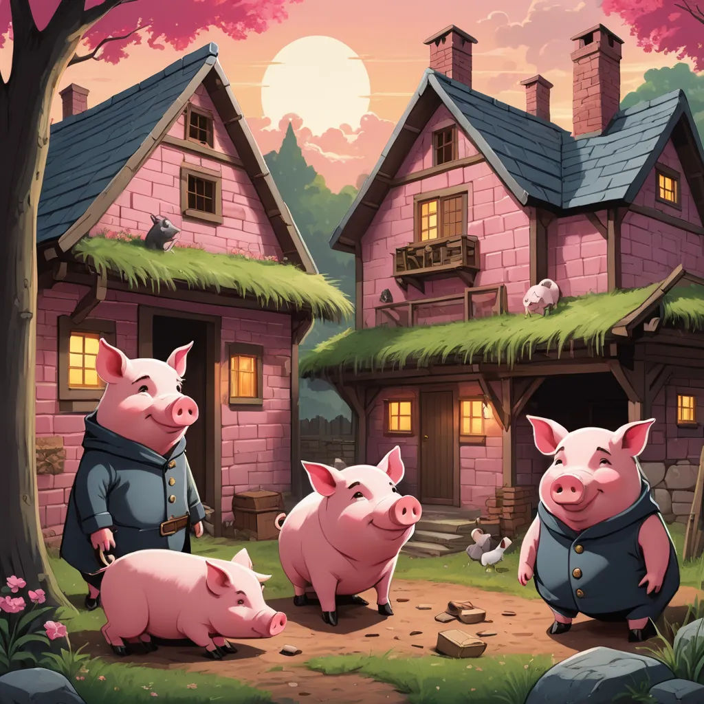 three pigs standing in front of a house with a pig in the yard and a pig in the yard, fantasy art, a storybook illustration, David Teniers III, storybook illustration