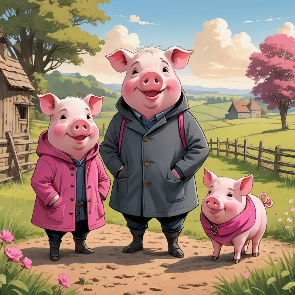 a couple of pigs standing next to each other on a dirt road near a field with a barn and a fence, fantastic realism, a storybook illustration, Colin Middleton, josan gonzales and dan mumford