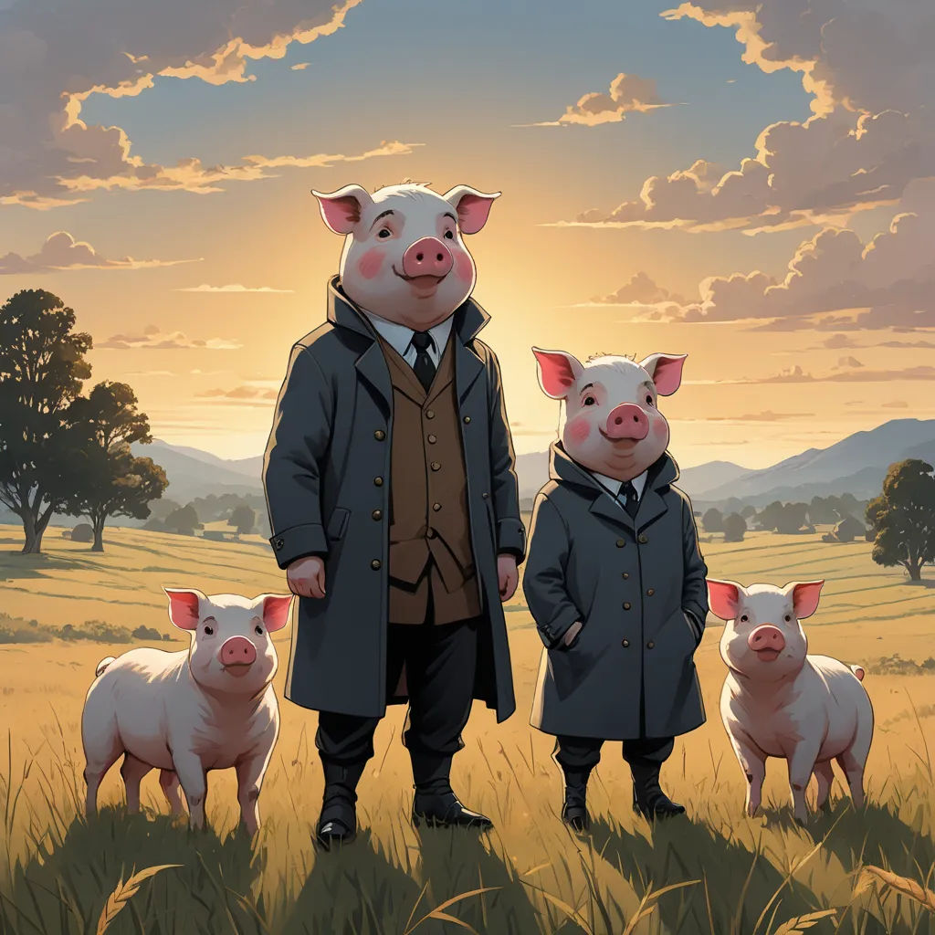 a man and two pigs standing in a field with a sunset in the background and a sky with clouds, fantastic realism, a storybook illustration, Dan Mumford, josan gonzales and dan mumford