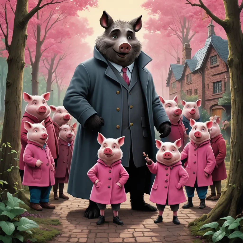 a man in a coat and pig costumes standing in front of a group of pigs in pink coats and coats, pop surrealism, a storybook illustration, Bourgeois, official art