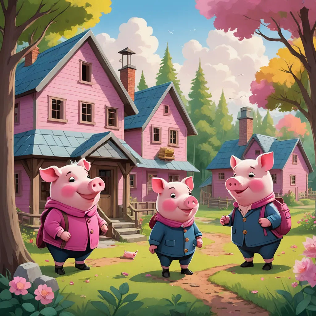 three pigs are walking in front of a pink house with a blue roof and a pink tree in the foreground, fantasy art, a storybook illustration, Diego Gisbert Llorens, storybook illustration