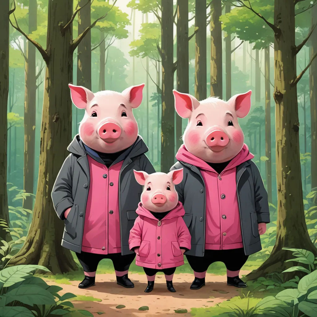 a couple of pigs standing next to each other in a forest with trees and grass behind them, wearing rain coats, fantastic realism, a storybook illustration, Diego Gisbert Llorens, official art