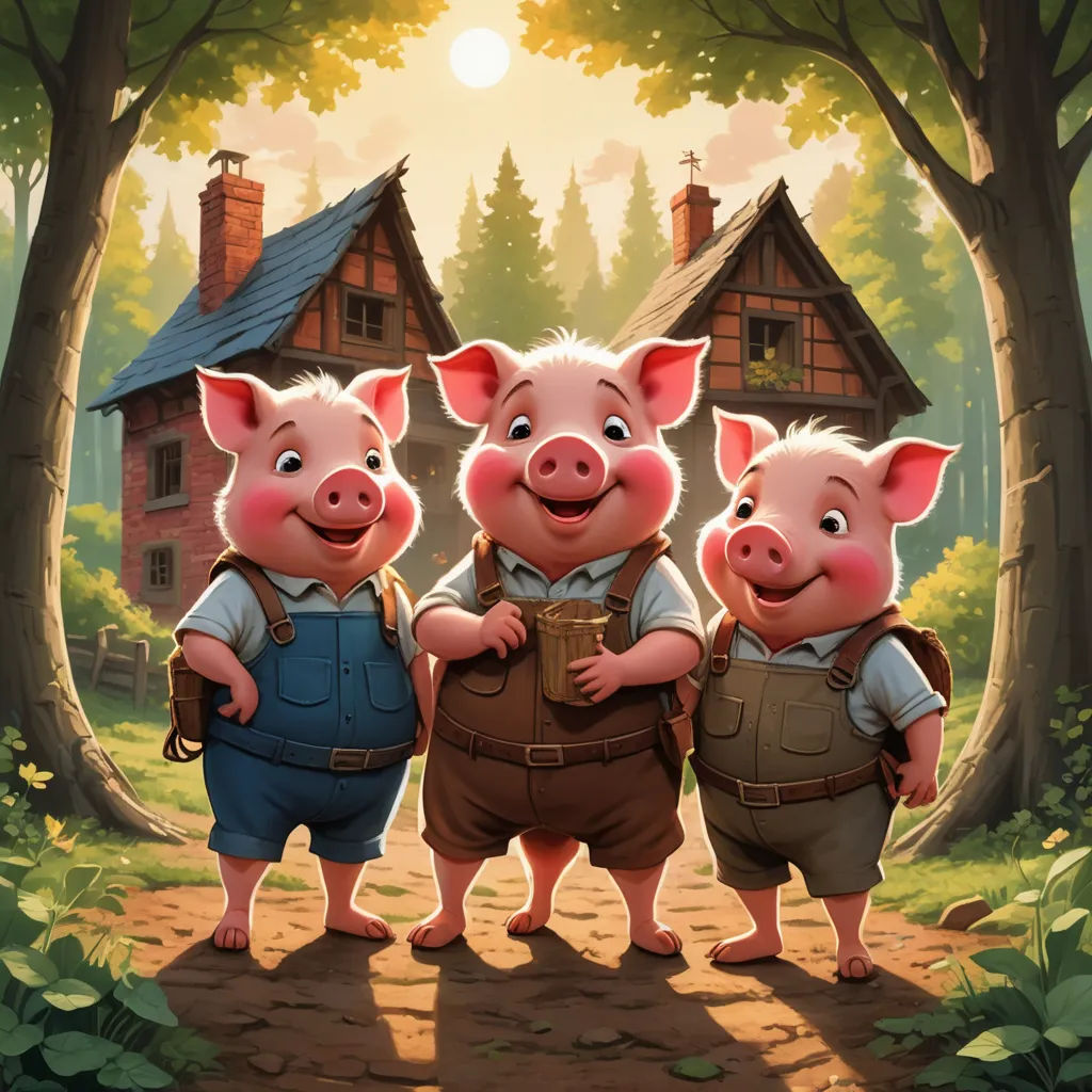 three pigs standing in front of a house in the woods with a little boy in the background and a little girl in the foreground, sots art, a storybook illustration, David Teniers III, storybook illustration