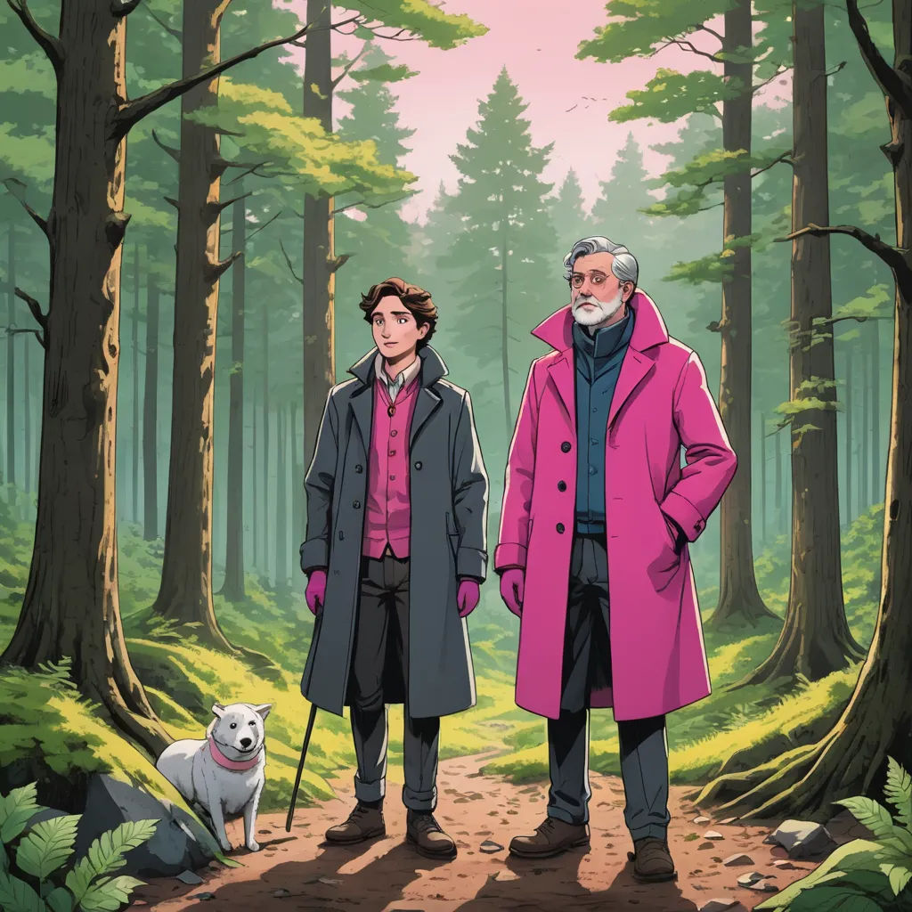 a couple of people standing in the woods with a dog on a leash next to them and a dog on the ground, sots art, a storybook illustration, David Brewster, official art