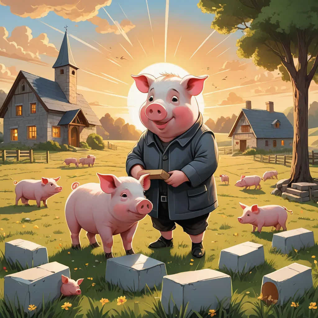 a pig and a piggy are standing in a field with a pig in front of a farm with a sunset, precisionism, a storybook illustration, David Martin, rossdraws global illumination